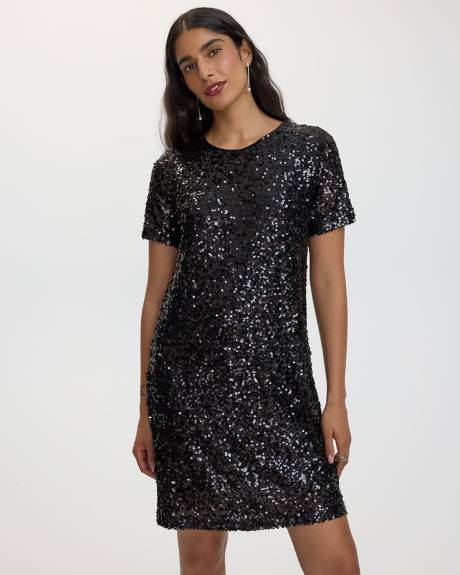 Short-Sleeve Crew-Neck Sequins Shift Dress