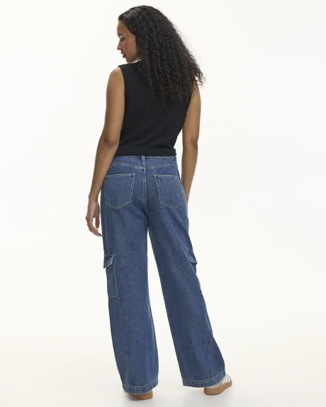 Pantalon cargo en denim à jambe large et taille haute - Petite