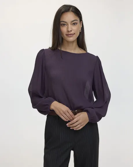 Long-Sleeve Crew-Neck Blouse with Smocked Hem