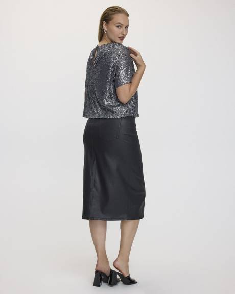 Denim Pencil Midi Skirt with Coated Effect