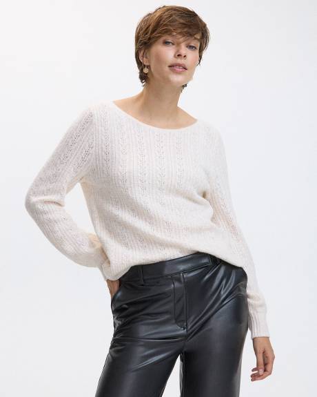 Long-Sleeve Boat-Neck PlushSoft Sweater with Fancy Stitches