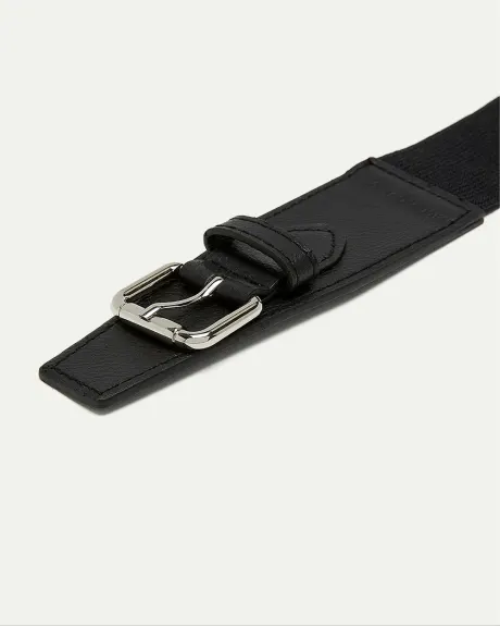 Elastic Faux Leather Waist Belt with Double Buckle