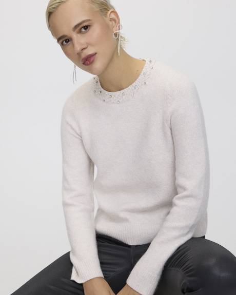 Long-Sleeve Sweater with Jewelled Crew Neckline