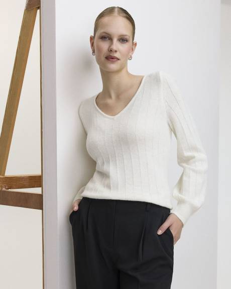 Long-Balloon-Sleeve V-Neck PlushSoft Sweater