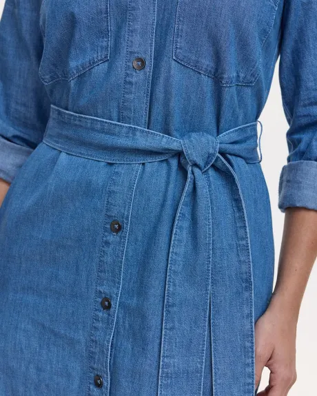 Buttoned-Down Denim Dress with Self-Tie Sash