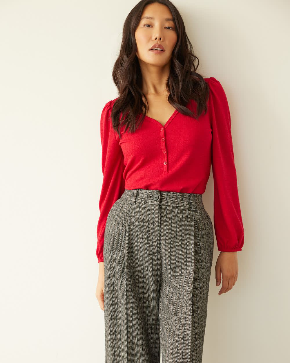 Long-Sleeve V-Neck Top with Buttoned Placket