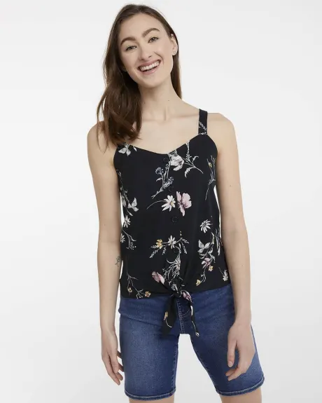 Cotton-Linen Blend Printed Tank with Front Tie