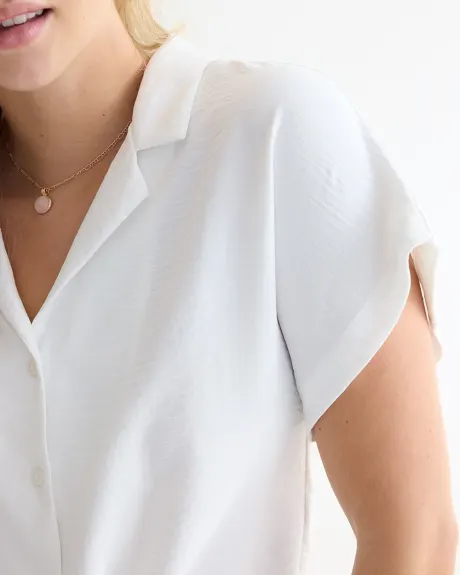 Short-Sleeve Buttoned-Down Blouse with Self-Tie at Waist