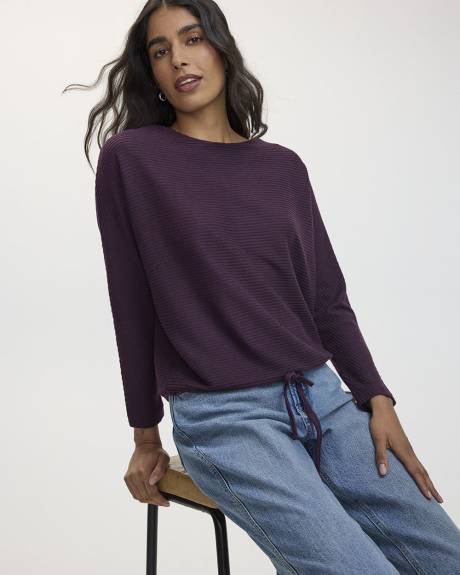 Long-Sleeve Boat-Neck Ribbed Sweater with Drawstring