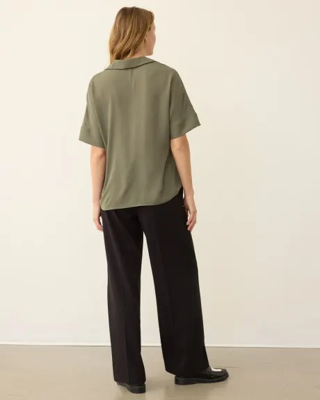 Loose Short-Sleeve Blouse with Johnny Collar