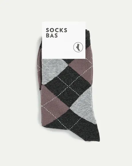 Cotton Crew Socks with Argyle Pattern