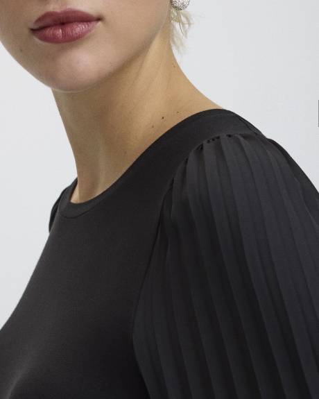 Pleated-Long-Sleeve Boat-Neck Mix-Media Top