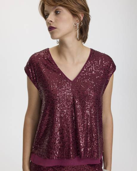 Extended-Sleeve V-Neck Sequins Top