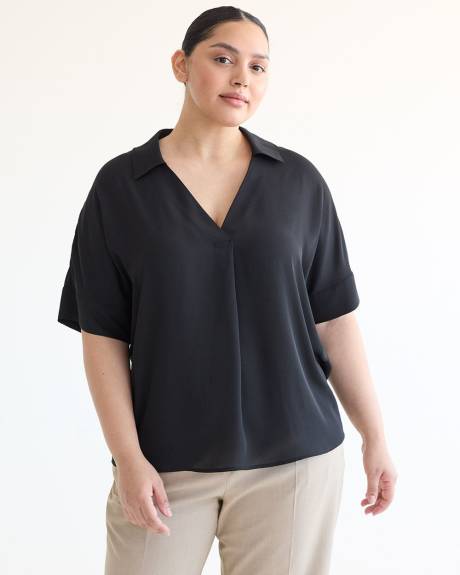 Loose Short-Sleeve Blouse with Johnny Collar