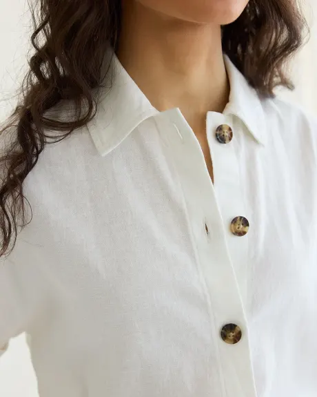 Short-Sleeve Buttoned-Down Linen-Blend Blouse