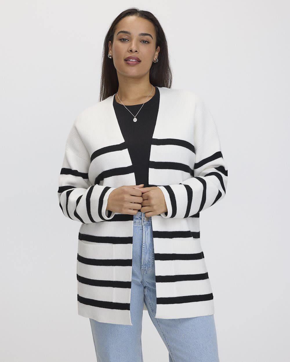 Striped Long-Sleeve Open Cardigan with Pockets