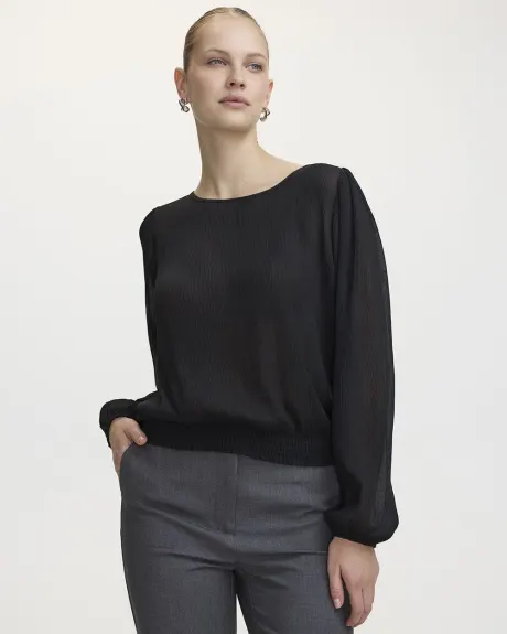 Long-Sleeve Crew-Neck Blouse with Smocked Hem