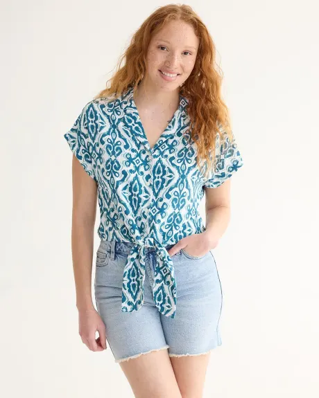 Short-Sleeve Buttoned-Down Blouse with Self-Tie at Waist