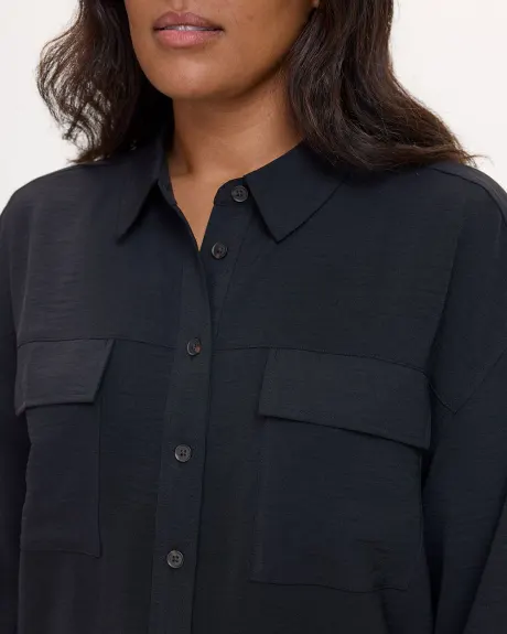 Long-Sleeve Shirt-Collar Blouse with Utility Pockets