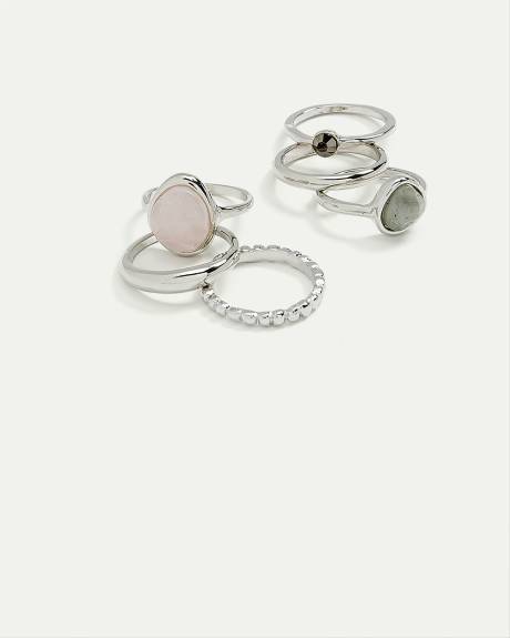 Textured Rings with Stones, Set of 6