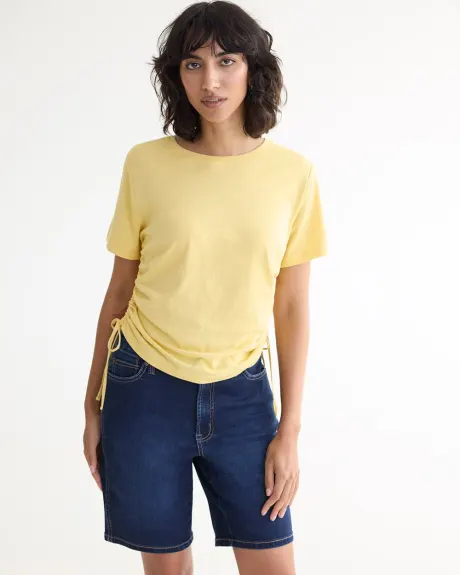 Short-Sleeve Shirred Tee with Drawstrings at Sides