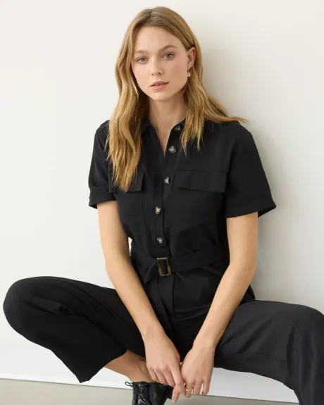 Straight-Leg Short-Sleeve Jumpsuit with Shirt Collar