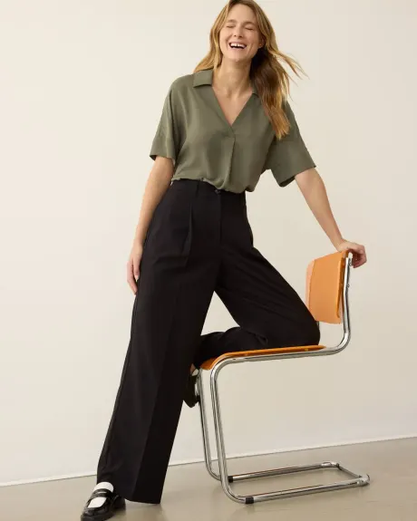 Loose Short-Sleeve Blouse with Johnny Collar