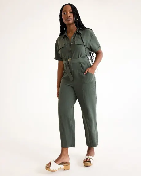 Straight-Leg Short-Sleeve Jumpsuit with Shirt Collar