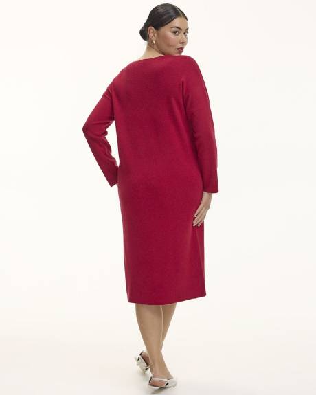 Long-Sleeve V-Neck Midi Sweater Dress