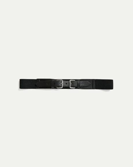 Elastic Faux Leather Waist Belt with Double Buckle