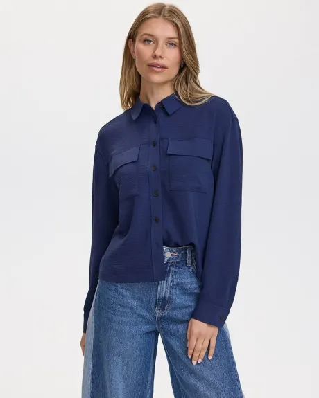 Long-Sleeve Shirt-Collar Blouse with Utility Pockets