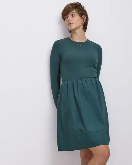 Long-Sleeve Mix-Media Dress with Crew Neckline