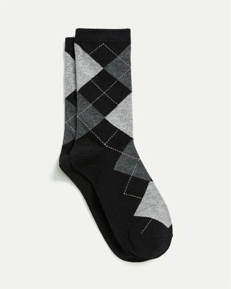 Cotton Crew Socks with Argyle Pattern