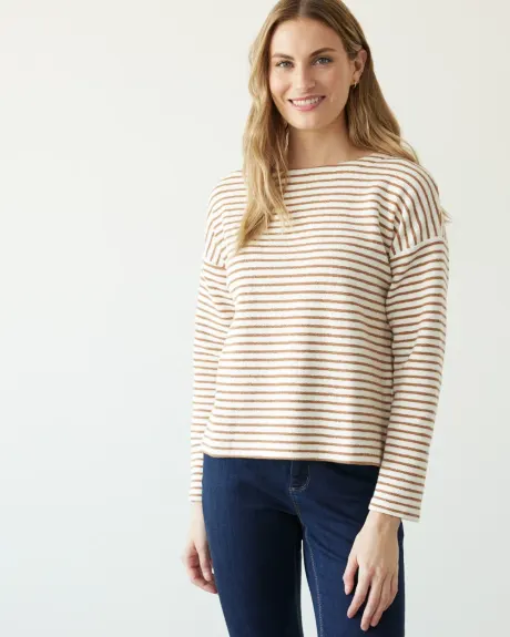 3/4-Sleeve Boat-Neck Textured Top