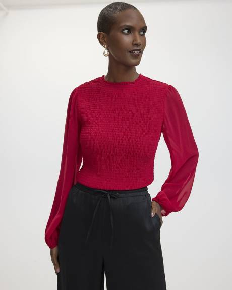 Long-Sleeve Crew-Neck Fitted Blouse with Smocks