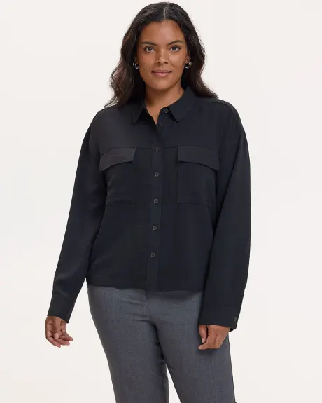 Long-Sleeve Shirt-Collar Blouse with Utility Pockets