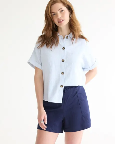 Short-Sleeve Buttoned-Down Linen-Blend Blouse