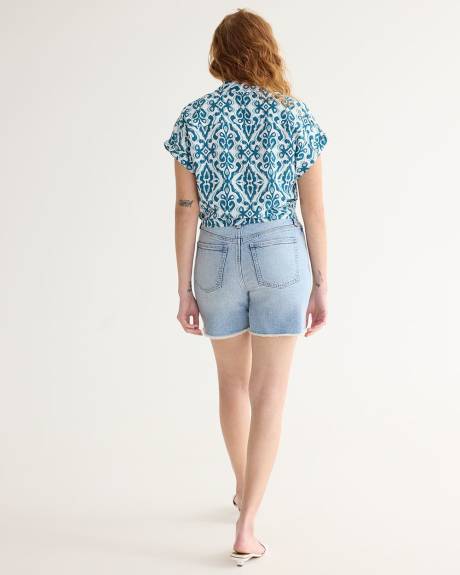 Short-Sleeve Buttoned-Down Blouse with Self-Tie at Waist