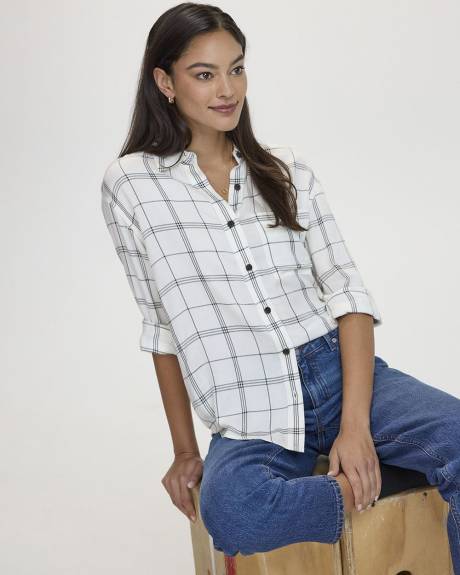 Long-Sleeve Plaid Blouse with Chest Pocket