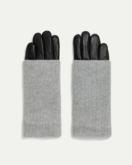 Leather Gloves with Knit Fold-Over