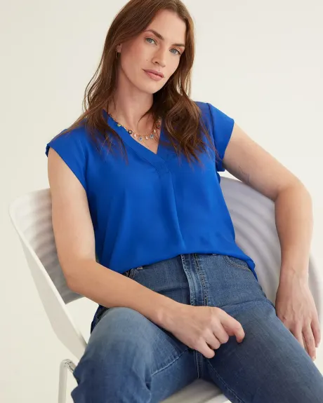 Cap-Sleeve Blouse with V Neckline, R Essentials