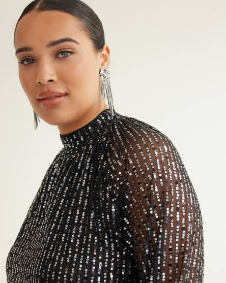 Long-Sleeve Mock-Neck Sequins Top