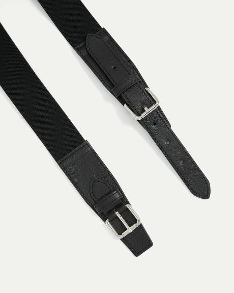 Elastic Faux Leather Waist Belt with Double Buckle