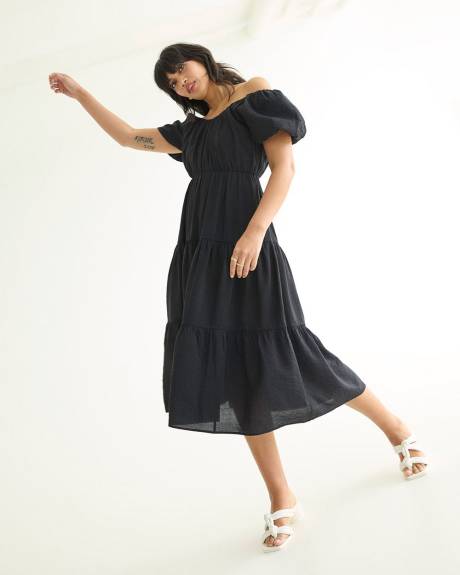 Short-Puffy-Sleeve Tiered Midi Dress