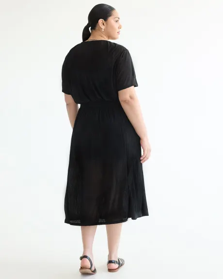 Short-Sleeve Fit and Flare Dress with Wrap Neckline