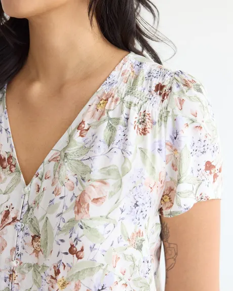 V-Neck Buttoned-Down Blouse with Short Flutter Sleeves