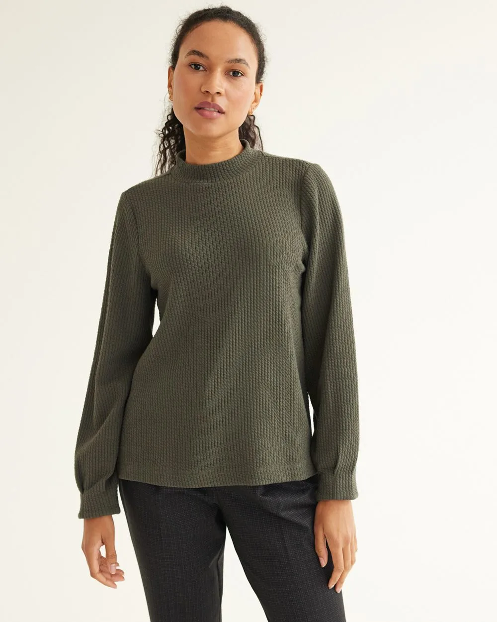 Long-Puffy-Sleeve Mock-Neck Top