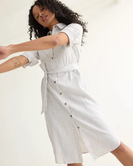 Long-Sleeve Buttoned-Down Midi Dress with Shirt Collar