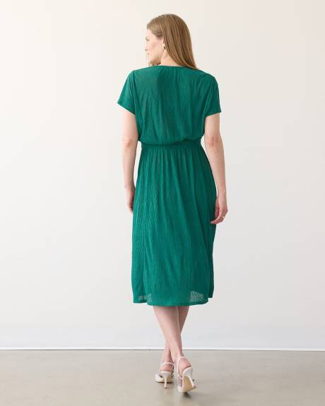 Short-Sleeve Fit and Flare Dress with Wrap Neckline