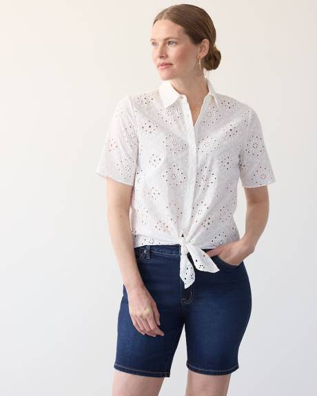 Short-Sleeve Eyelet Blouse with Shirt Collar